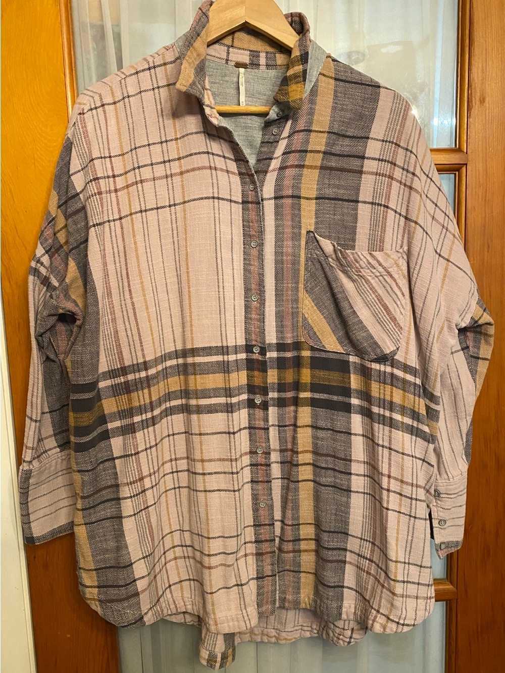 Free People Plaid Very Oversized Shirt Jacket in Blush, Taupe & Mustard Size M